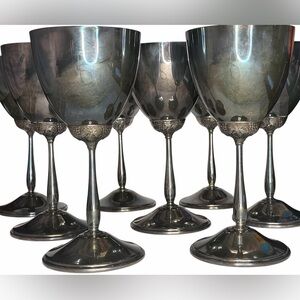 Set of 8 Antique Silver-Plated Goblets w/ Embossed Grape & Vine Pattern